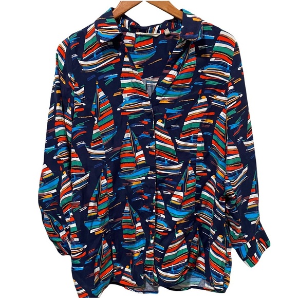 Soft Surroundings Sail Away blouse Sail Boat Button front long sleeves Medium - Picture 5 of 9